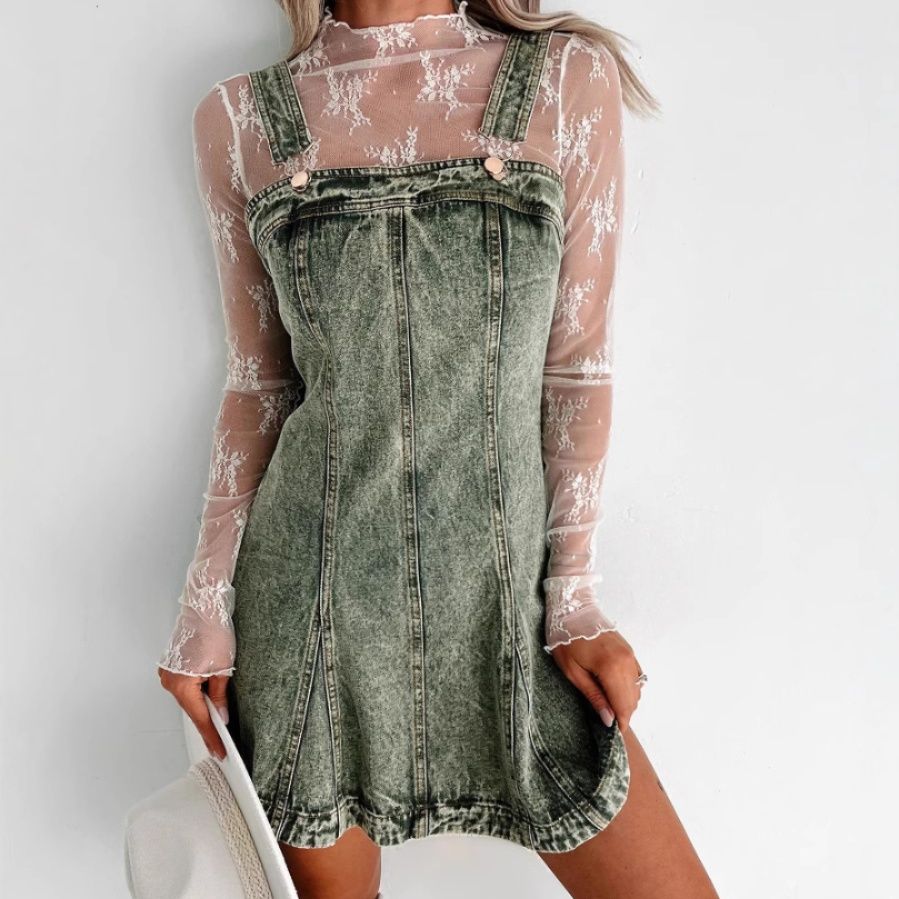 キャミワンピース 裾フリル付きヴィンテージ加工デニムキャミワンピース