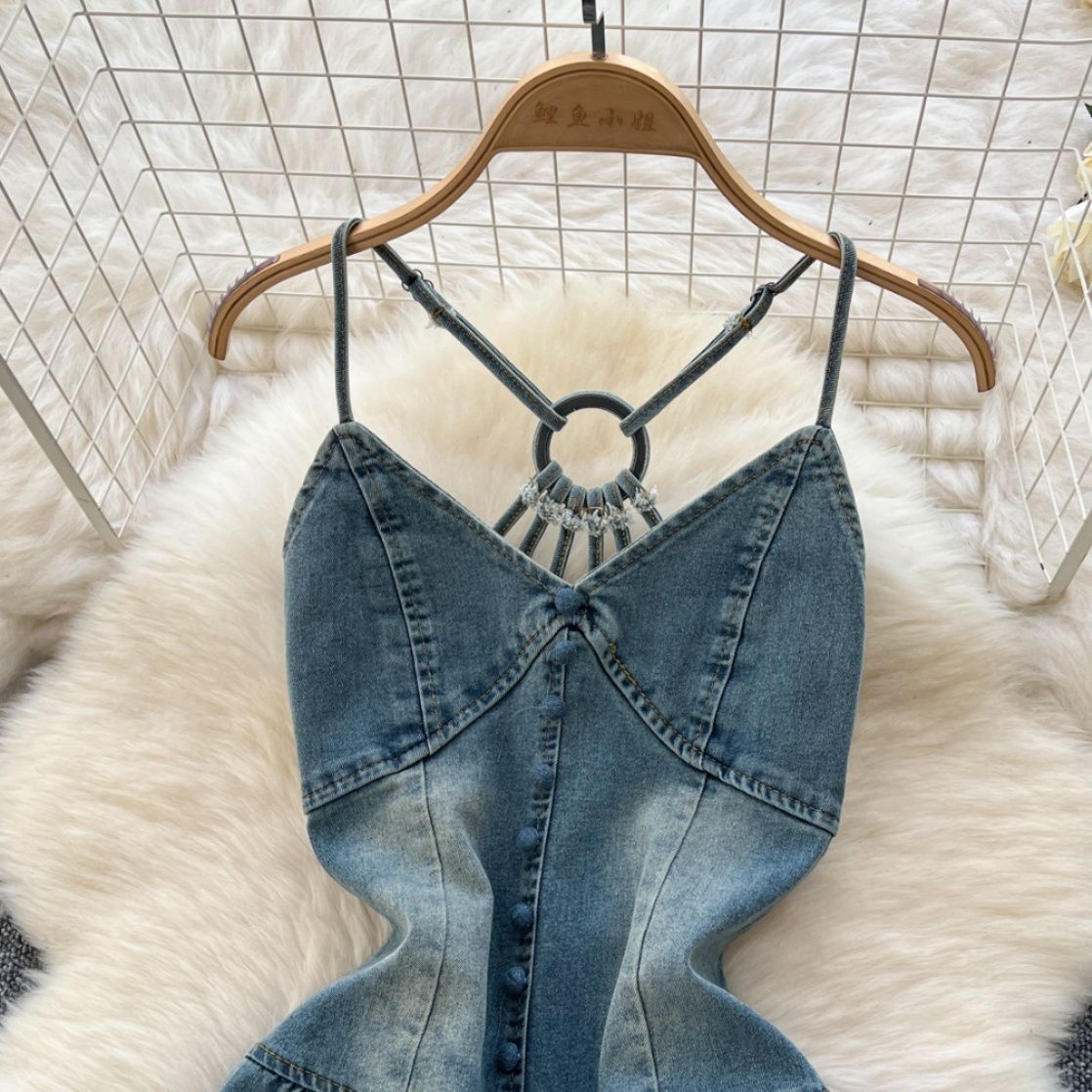 キャミワンピース 背中見せデザインティアードデニムキャミワンピース