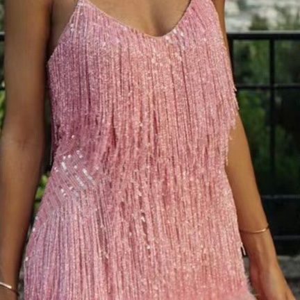 キャミワンピースサテン 羽根フリンジ輝くスパンコールフリル細紐キャミワンピース