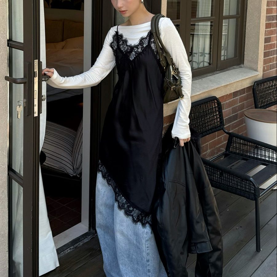 キャミワンピース 繊細レース装飾サテン風キャミワンピース