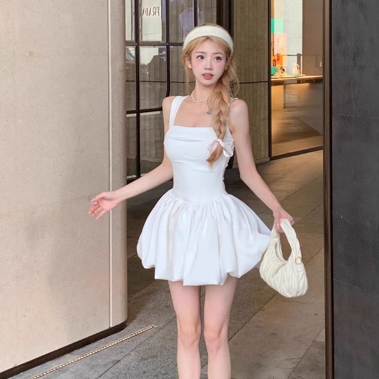 キャミワンピース バックリボンバルーンヘムキャミワンピース　白