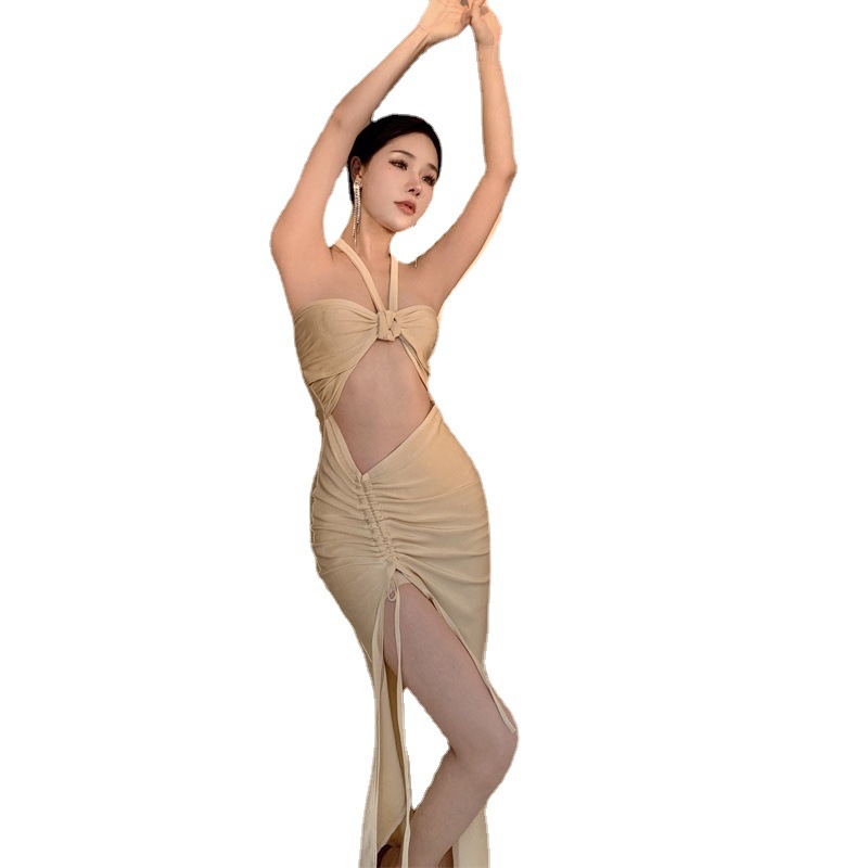 キャミワンピース 胸元結びデザインホルターネックロングキャミワンピース