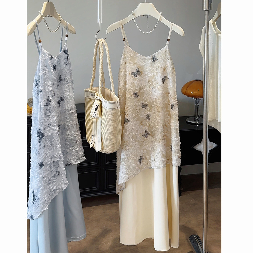 キャミワンピース レース蝶々柄キャミソールワンピース上品レディース二色展開