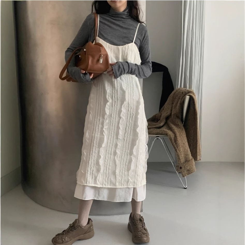 キャミワンピース 立体刺繍デザイン重ね着風キャミワンピース