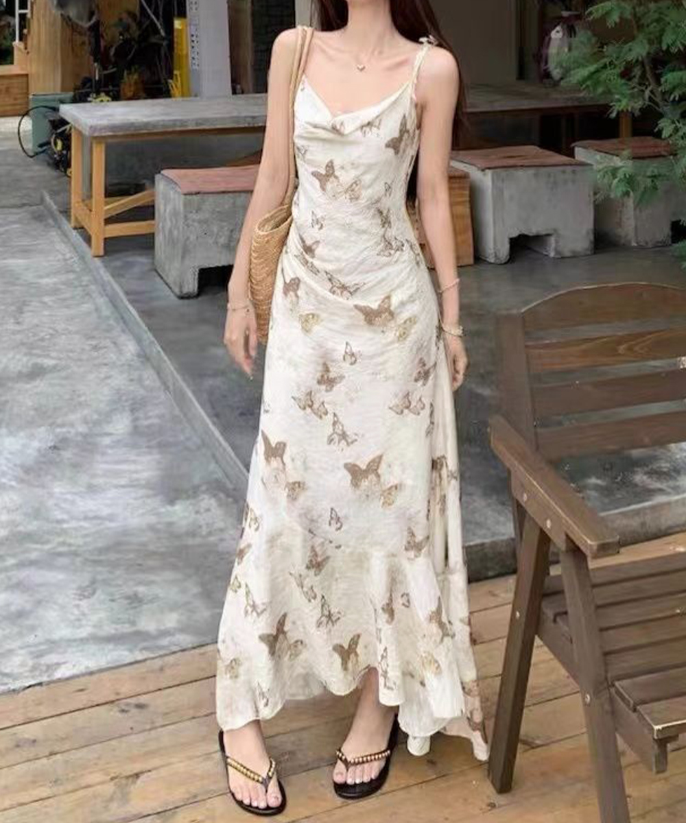 蝶柄ニットキャミワンピース 不規則裾夏服