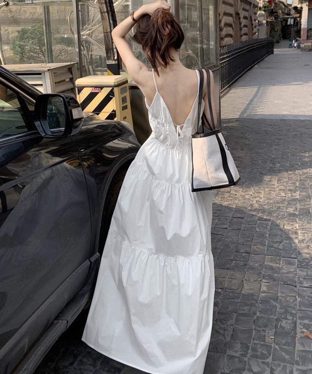 リネン素材キャミワンピース ブイネック段々長袖ワンピース