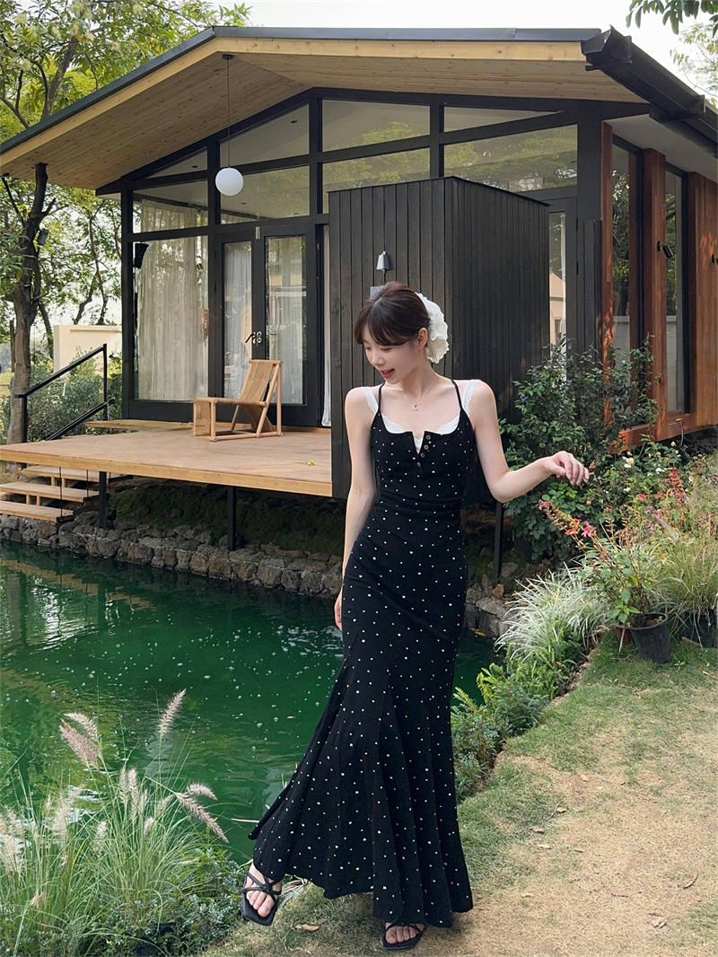 キャミワンピース 黒ドット柄 キャミソール ワンピース 韓国風