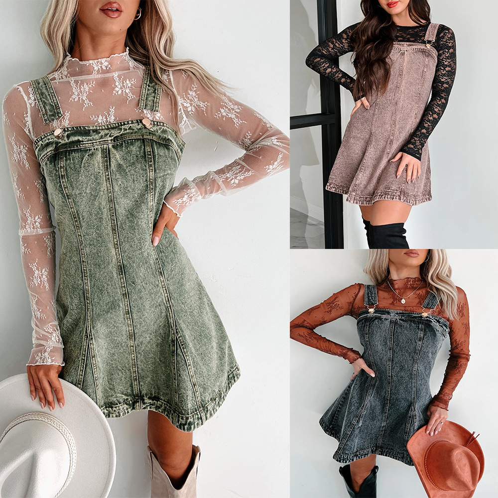 キャミワンピース 裾フリル付きヴィンテージ加工デニムキャミワンピース