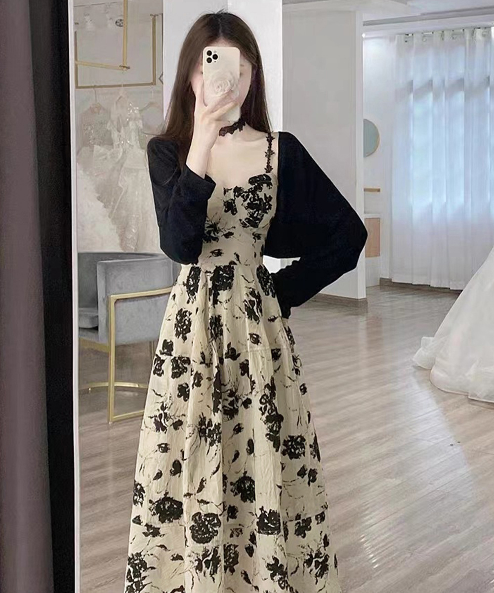 花柄リネン キャミワンピース カーディガン 2点セット