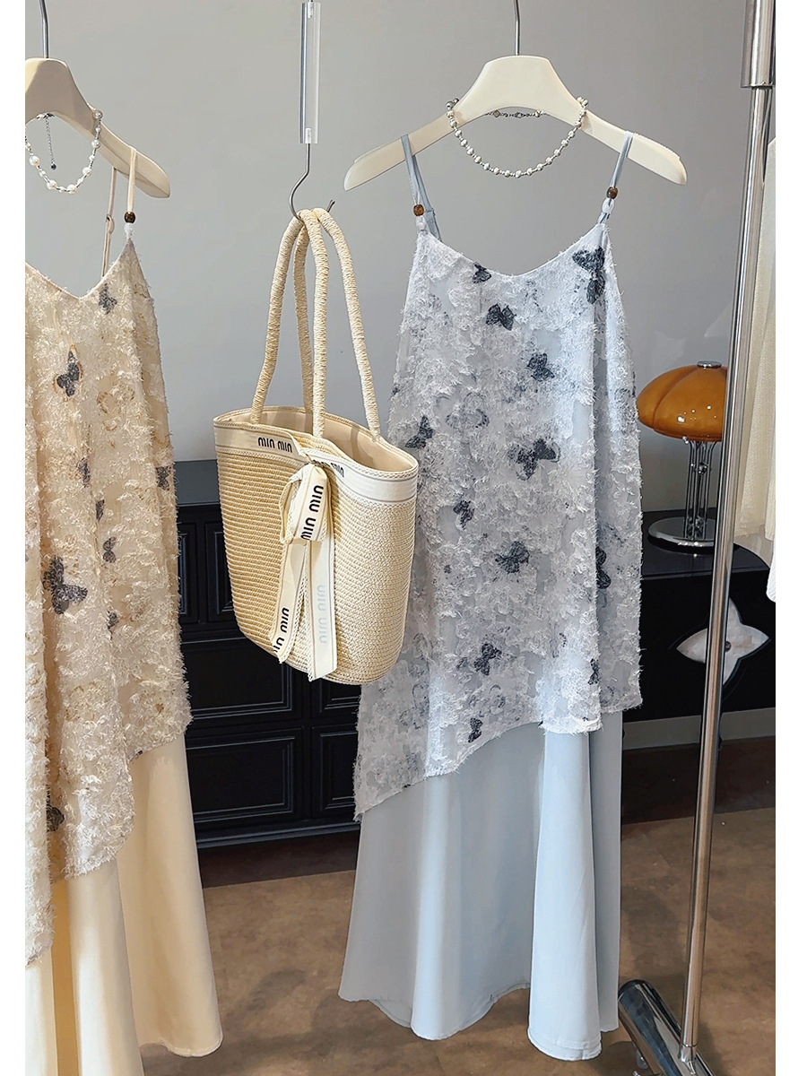 キャミワンピース レース蝶々柄キャミソールワンピース上品レディース二色展開