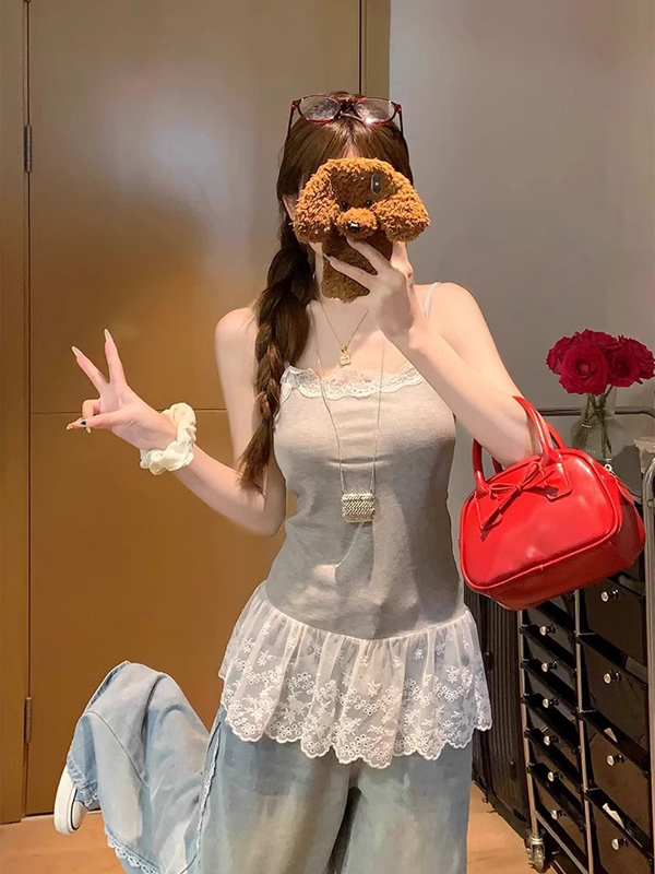 キャミワンピース レースフリルリブキャミワンピース