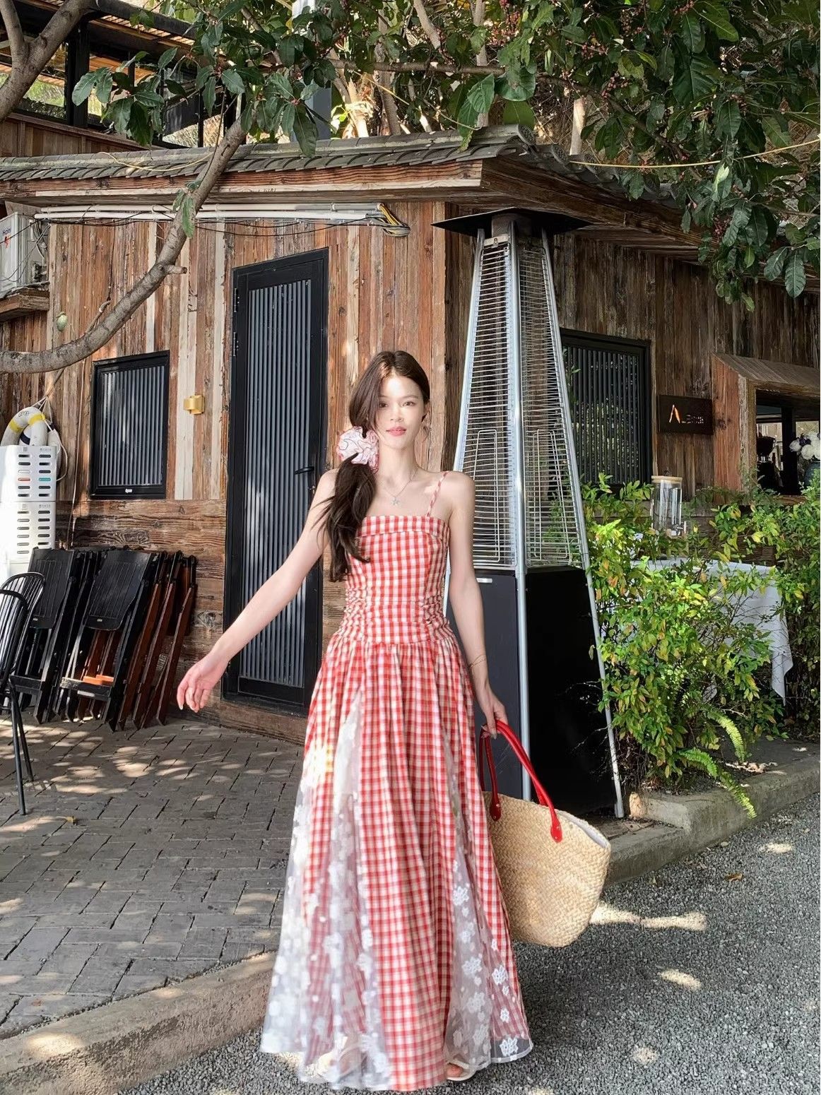 キャミワンピース ギンガムチェック柄シアーレイヤードロングキャミワンピース　赤