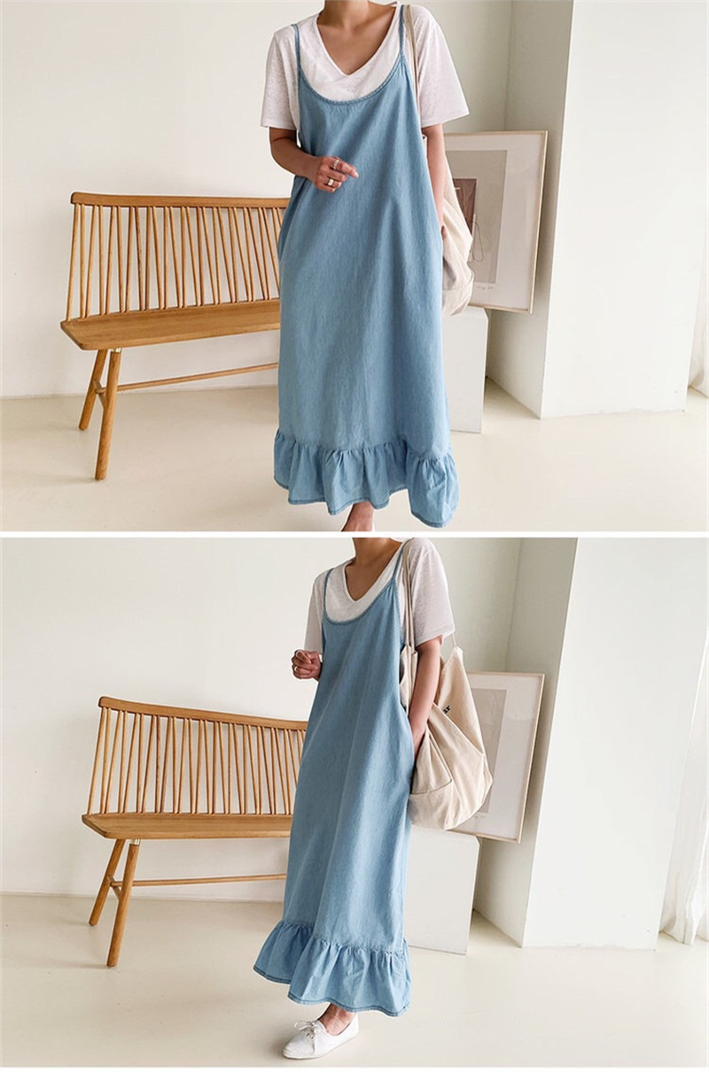 春夏新作ニット素材の体型カバー裾フリルキャミワンピース