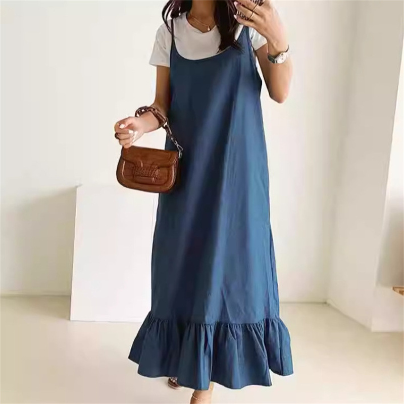 春夏新作ニット素材の体型カバー裾フリルキャミワンピース