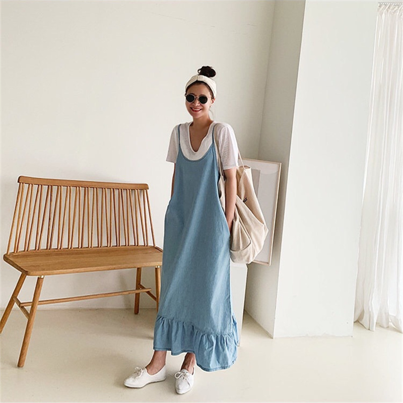 春夏新作ニット素材の体型カバー裾フリルキャミワンピース