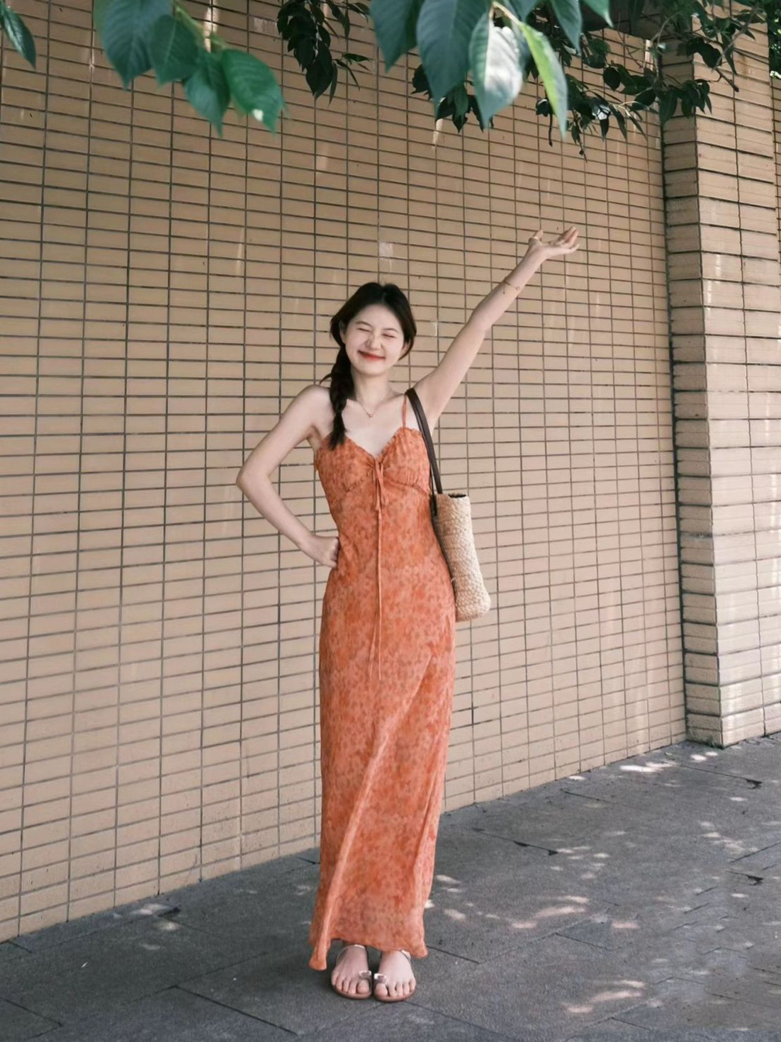 キャミワンピース 花柄刺繍レース細紐ロング丈キャミソールワンピース　オレンジ