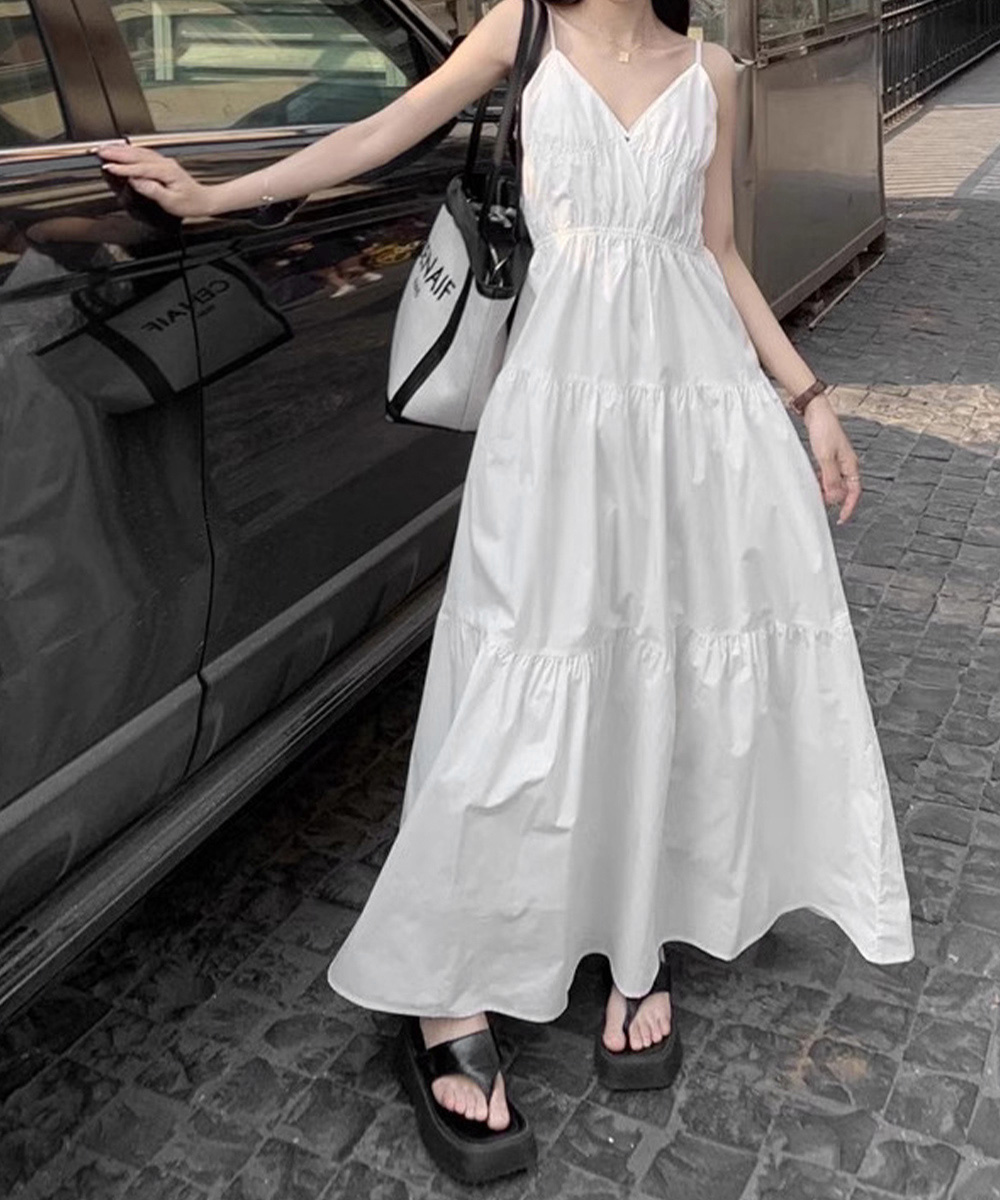 リネン素材キャミワンピース ブイネック段々長袖ワンピース