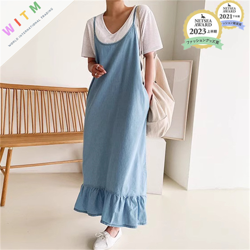 春夏新作ニット素材の体型カバー裾フリルキャミワンピース