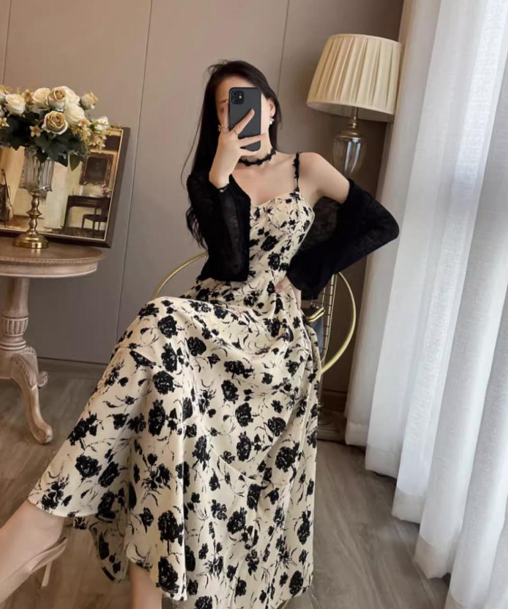 花柄リネン キャミワンピース カーディガン 2点セット