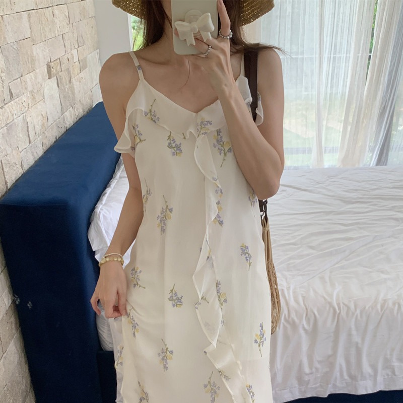 キャミワンピース 白地花柄フリル ワンピース