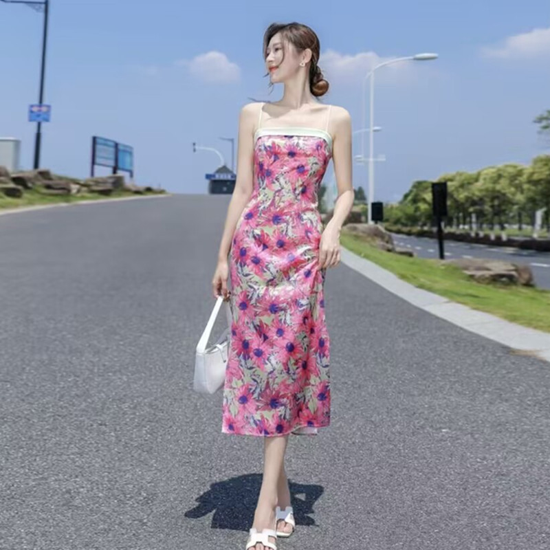 キャミワンピース 花柄プリント細肩紐ミディ丈キャミワンピース