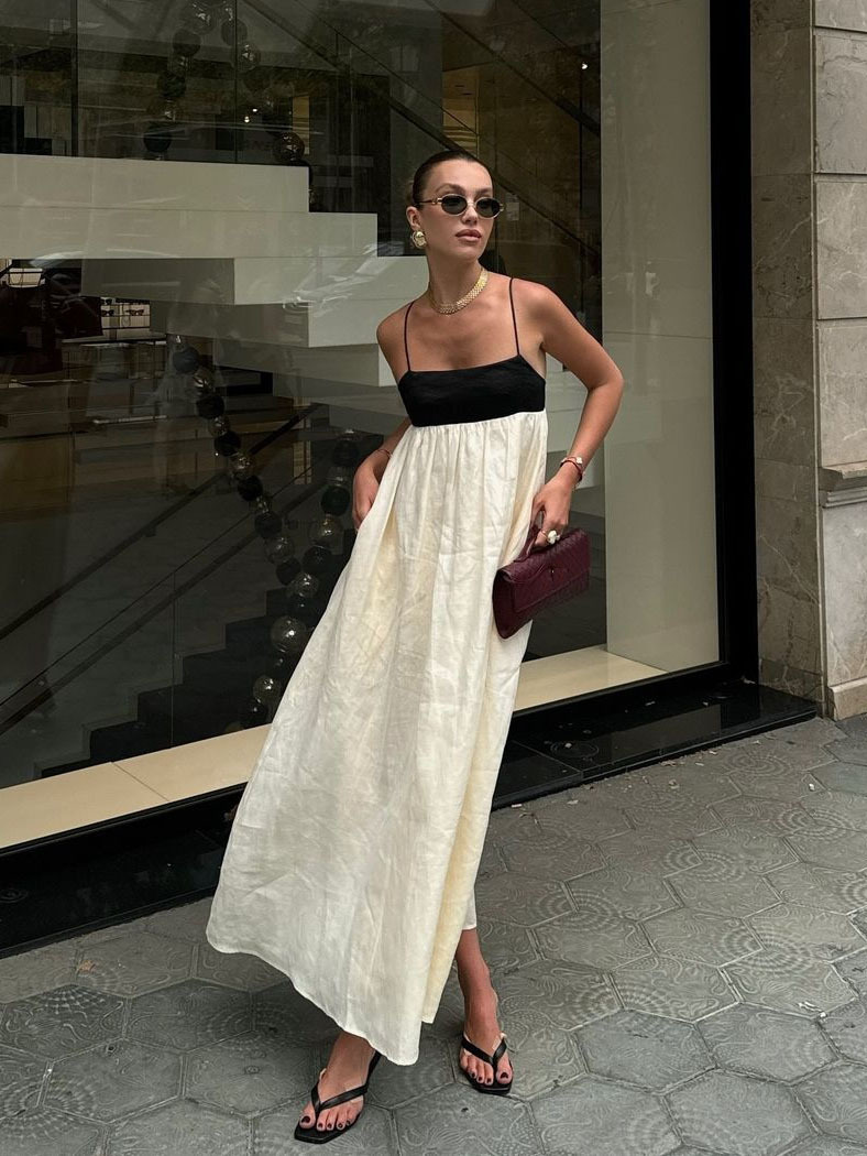 キャミワンピース バイカラー切替背中見せロングキャミワンピース　白