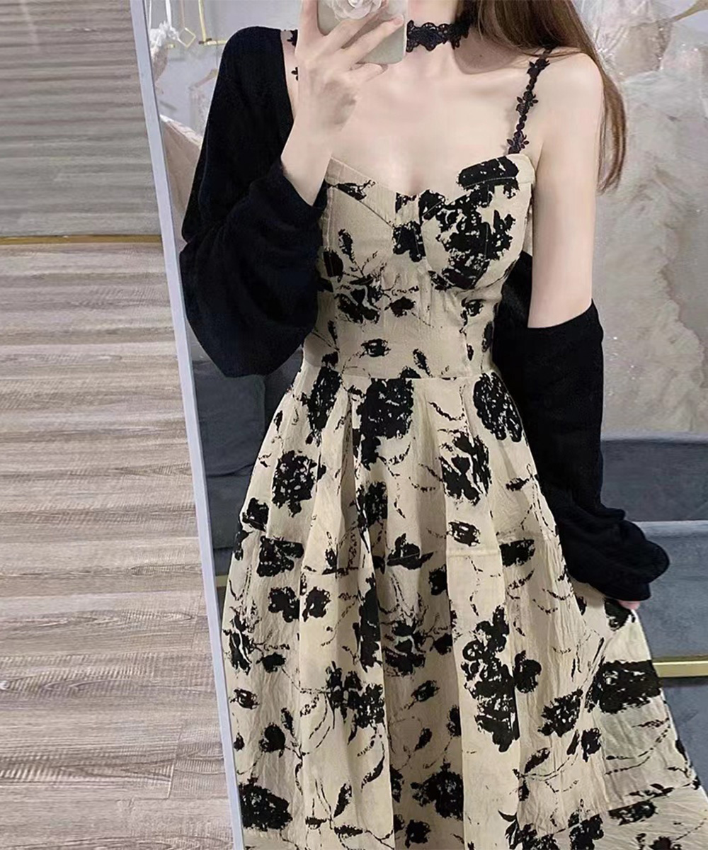 花柄リネン キャミワンピース カーディガン 2点セット