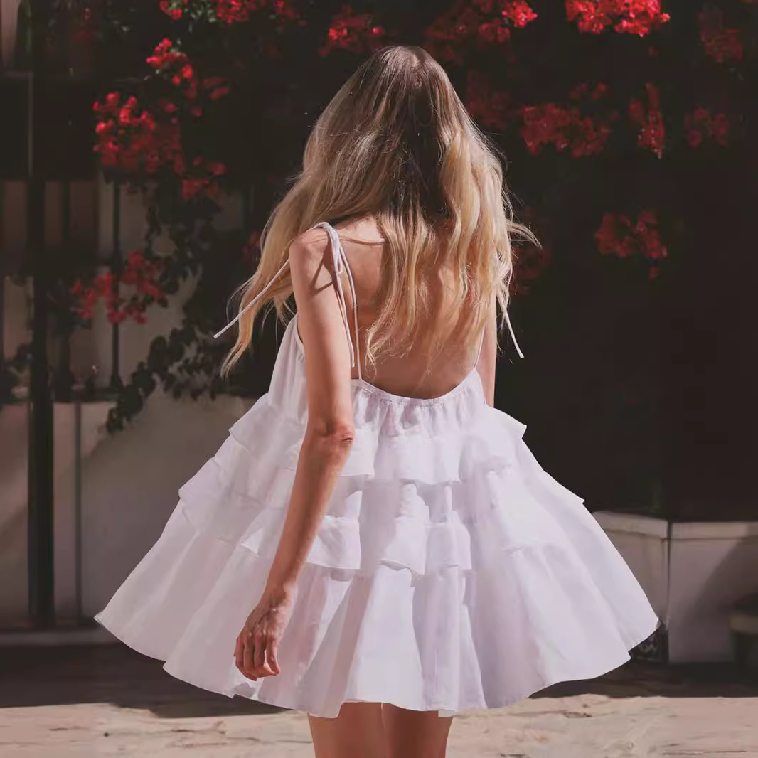 キャミワンピース 肩紐リボン付き三段ティアードフリルキャミワンピース