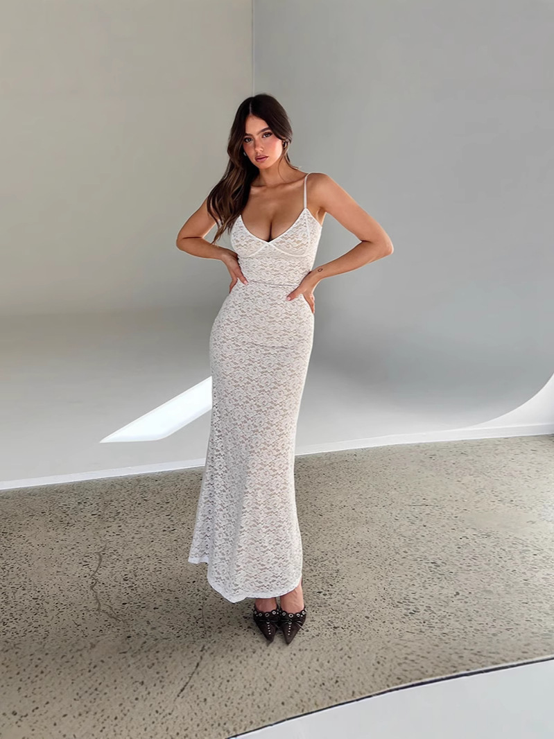 キャミワンピース 総レース細肩紐ロング丈キャミワンピース