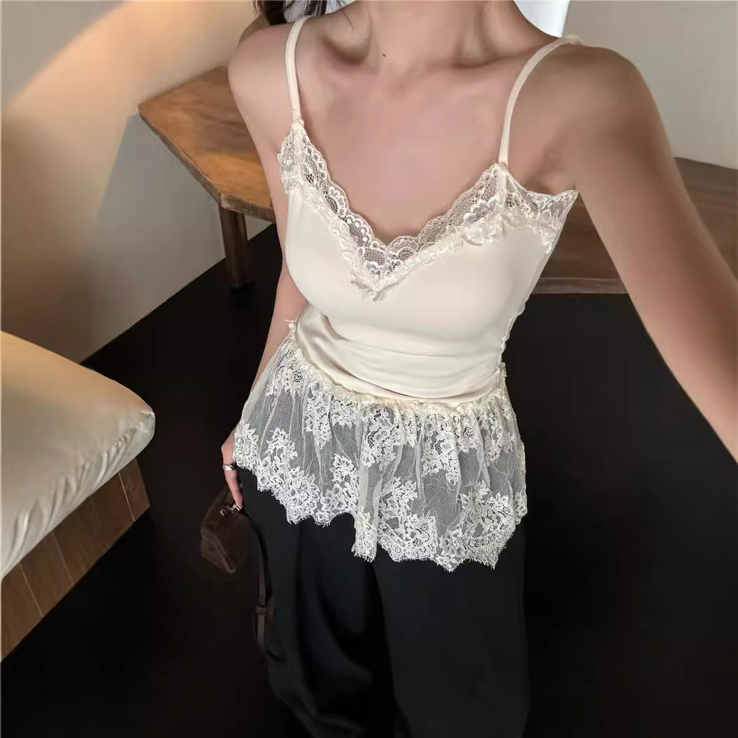 キャミワンピース 裾レース付き重ね着風キャミワンピース