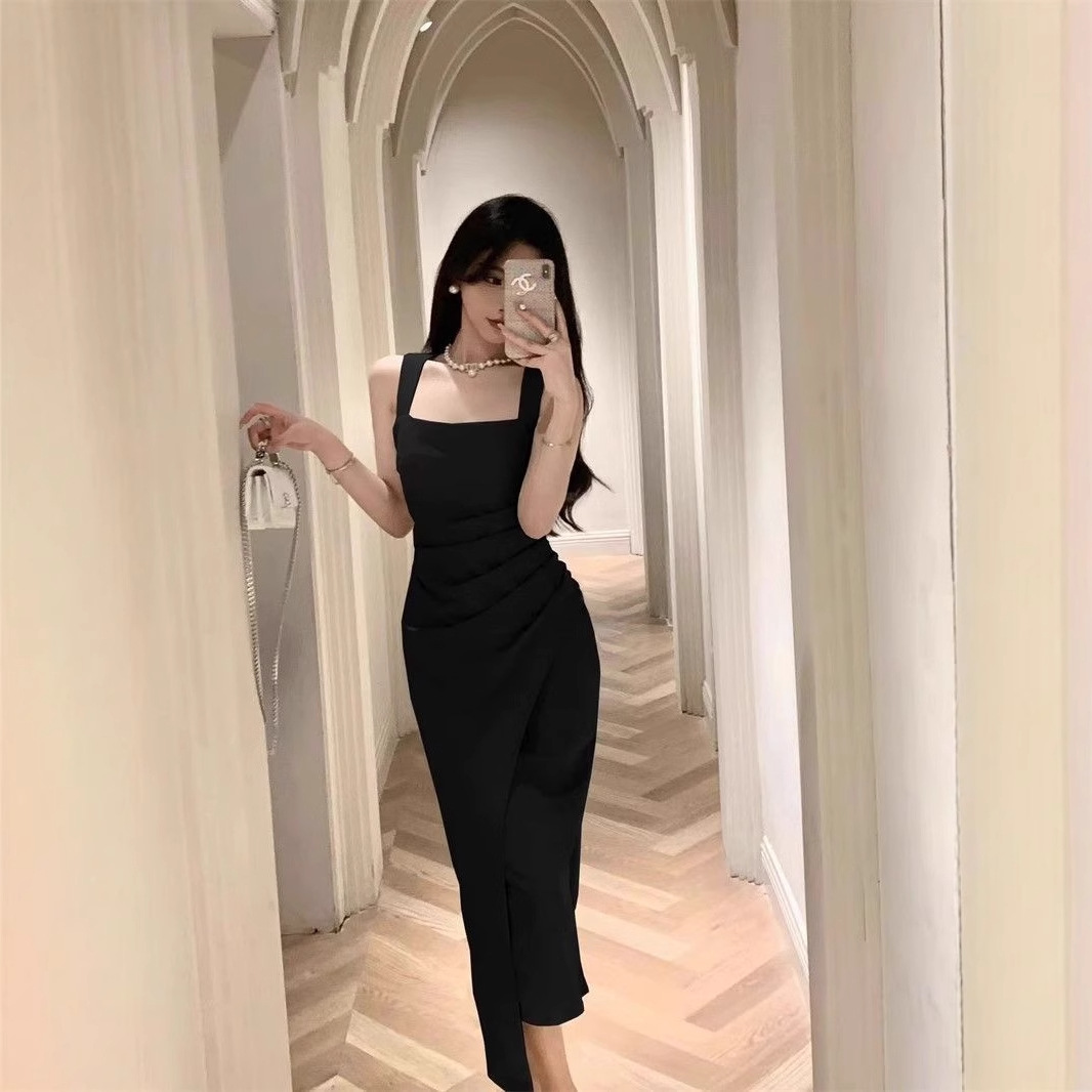 キャミワンピース サイドドレープデザイン細身サテンキャミワンピース