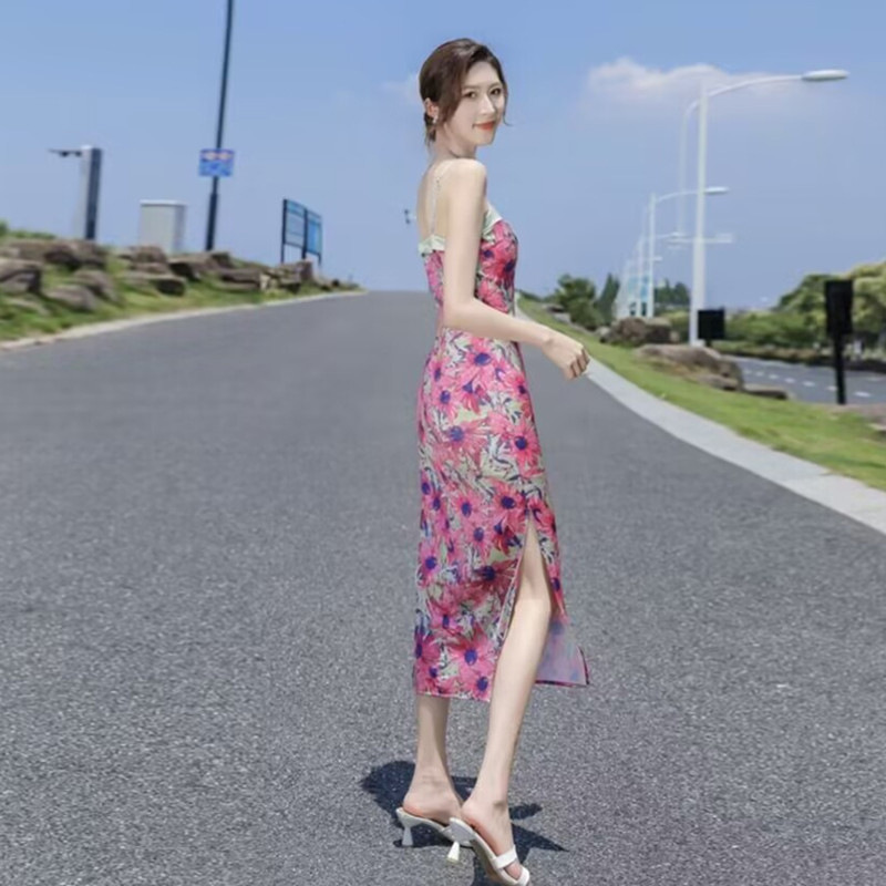 キャミワンピース 花柄プリント細肩紐ミディ丈キャミワンピース