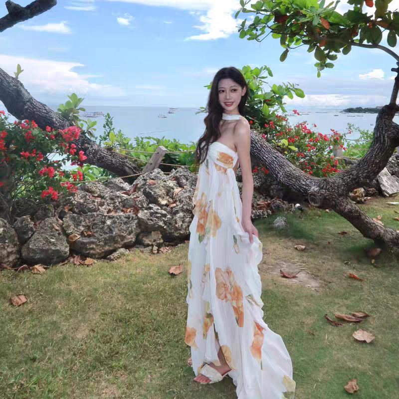 キャミワンピース 花柄シフォンフリルロング丈キャミワンピース