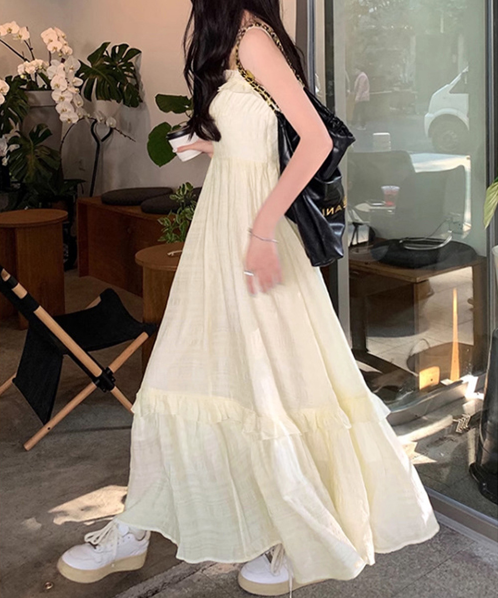 胸元フリルキャミワンピース ティアード長袖