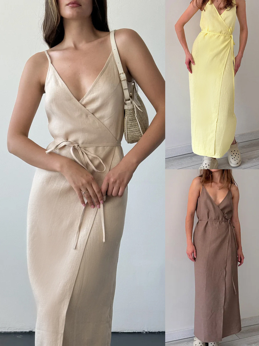 キャミワンピース リネン風素材巻き型キャミワンピース