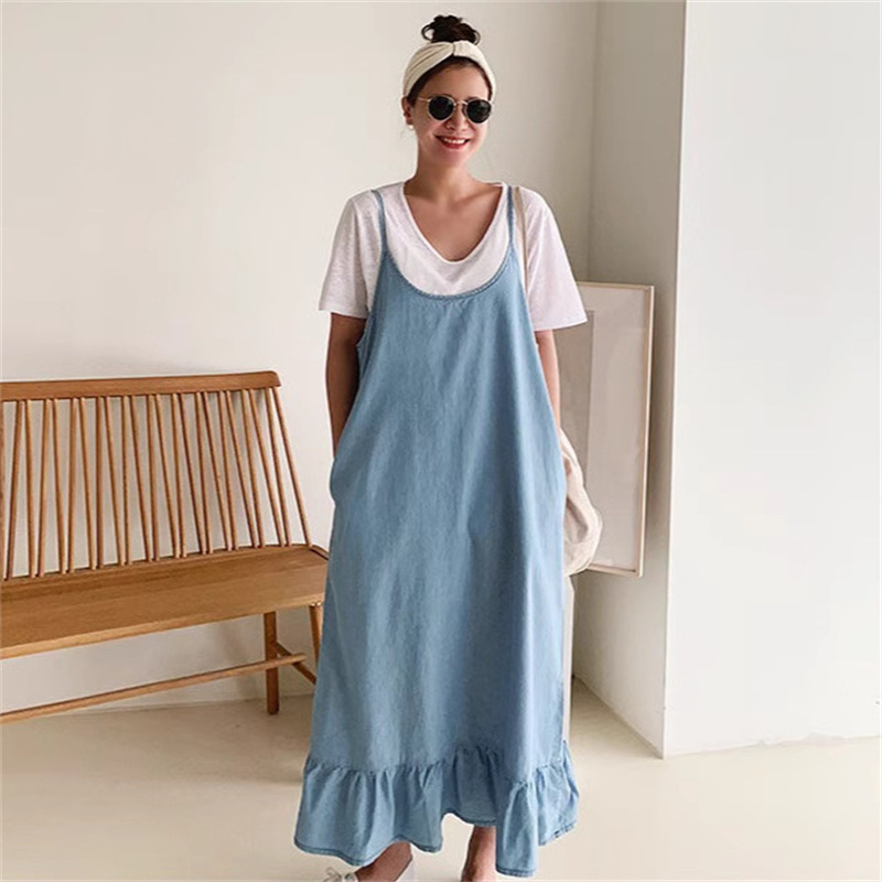 春夏新作ニット素材の体型カバー裾フリルキャミワンピース