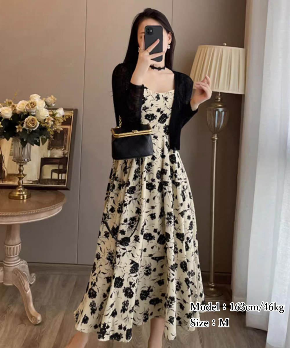 花柄リネン キャミワンピース カーディガン 2点セット