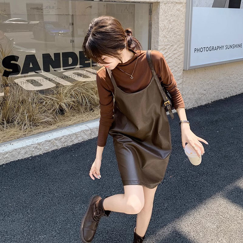 キャミワンピース 合成皮革キャミワンピース重ね着風セット