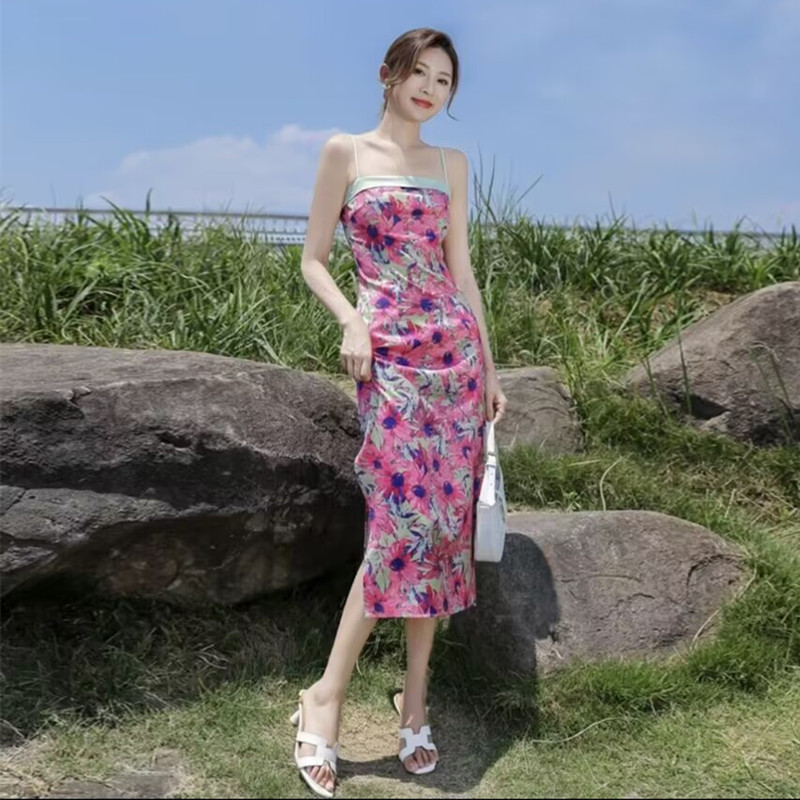 キャミワンピース 花柄プリント細肩紐ミディ丈キャミワンピース