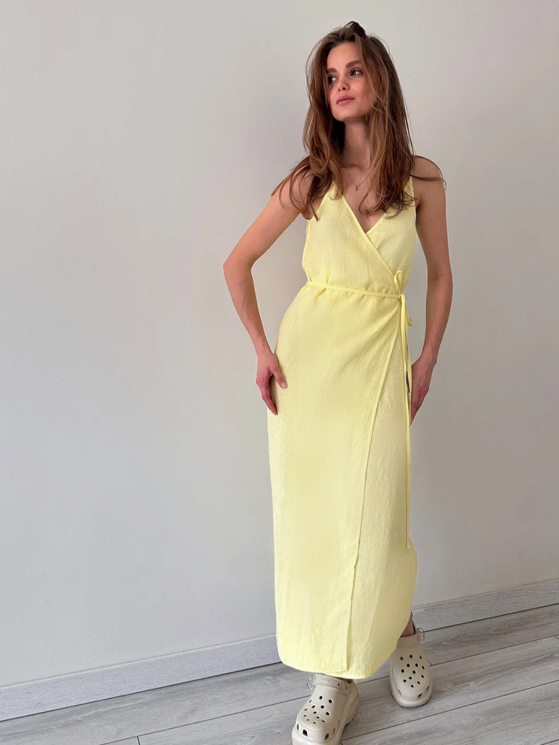 キャミワンピース リネン風素材巻き型キャミワンピース