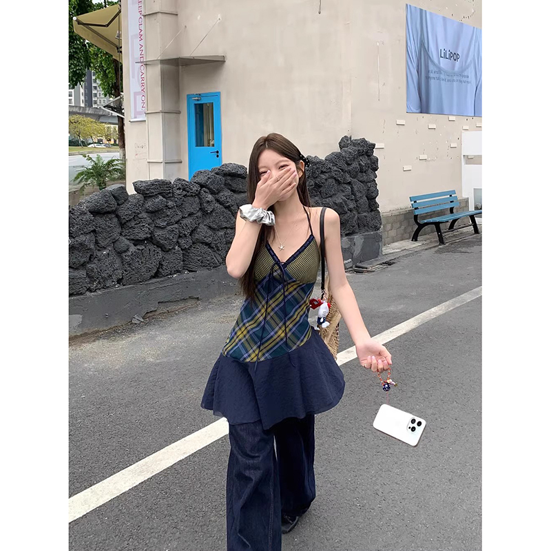 キャミワンピース レースフリル格子柄キャミワンピース