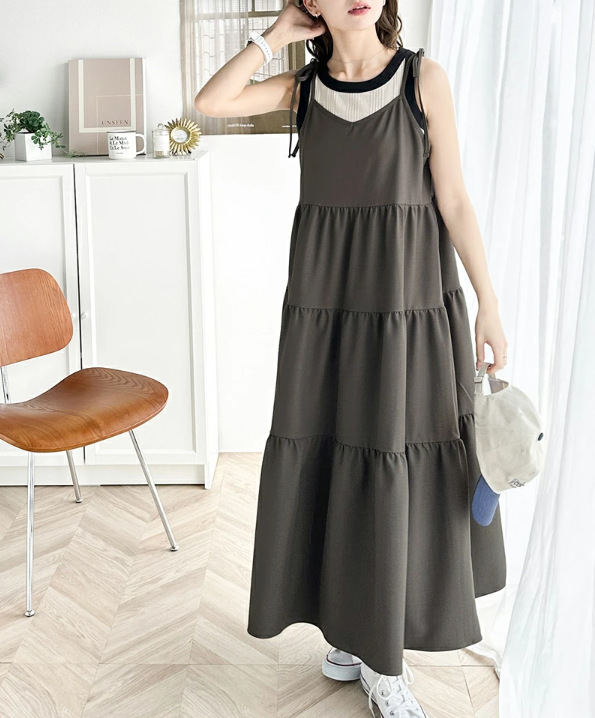 夏新作ニットキャミワンピース長袖ロング丈大人女子