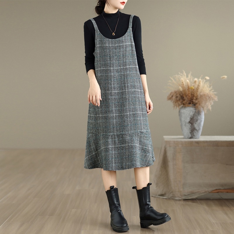 キャミワンピース 裾フリル切替チェック柄キャミワンピース