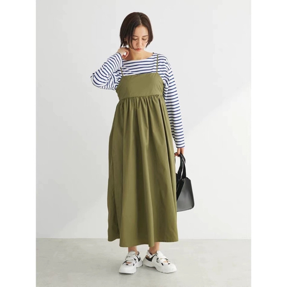 キャミワンピース 背中リボン付きハイウエストフレア吊りスカート