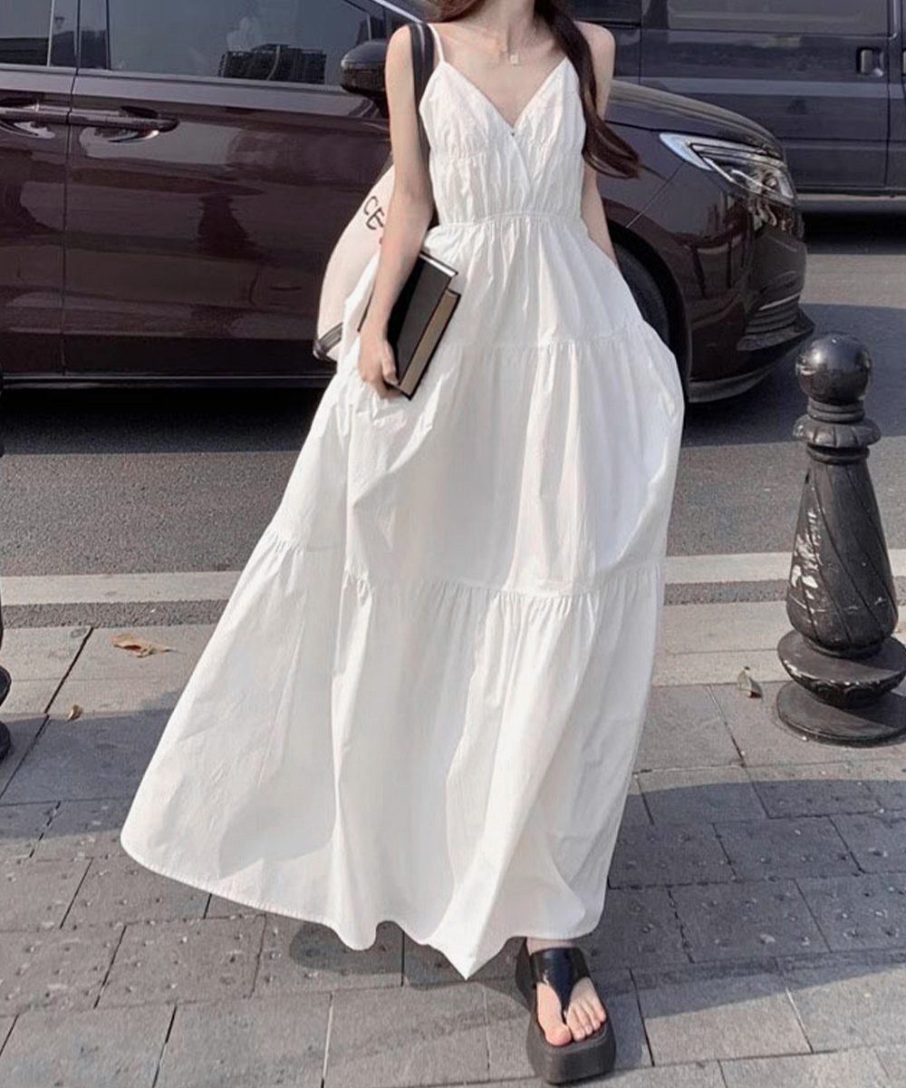 リネン素材キャミワンピース ブイネック段々長袖ワンピース