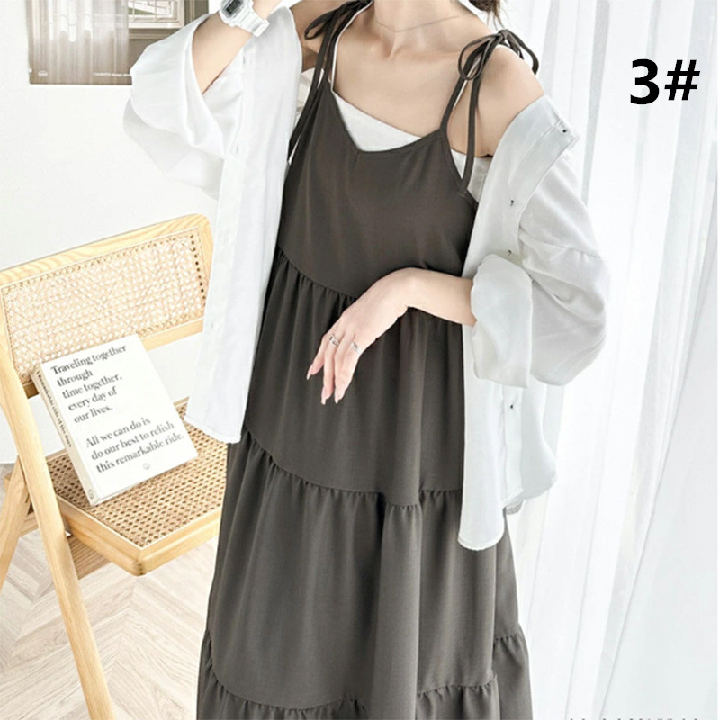 夏新作ニットキャミワンピース長袖ロング丈大人女子