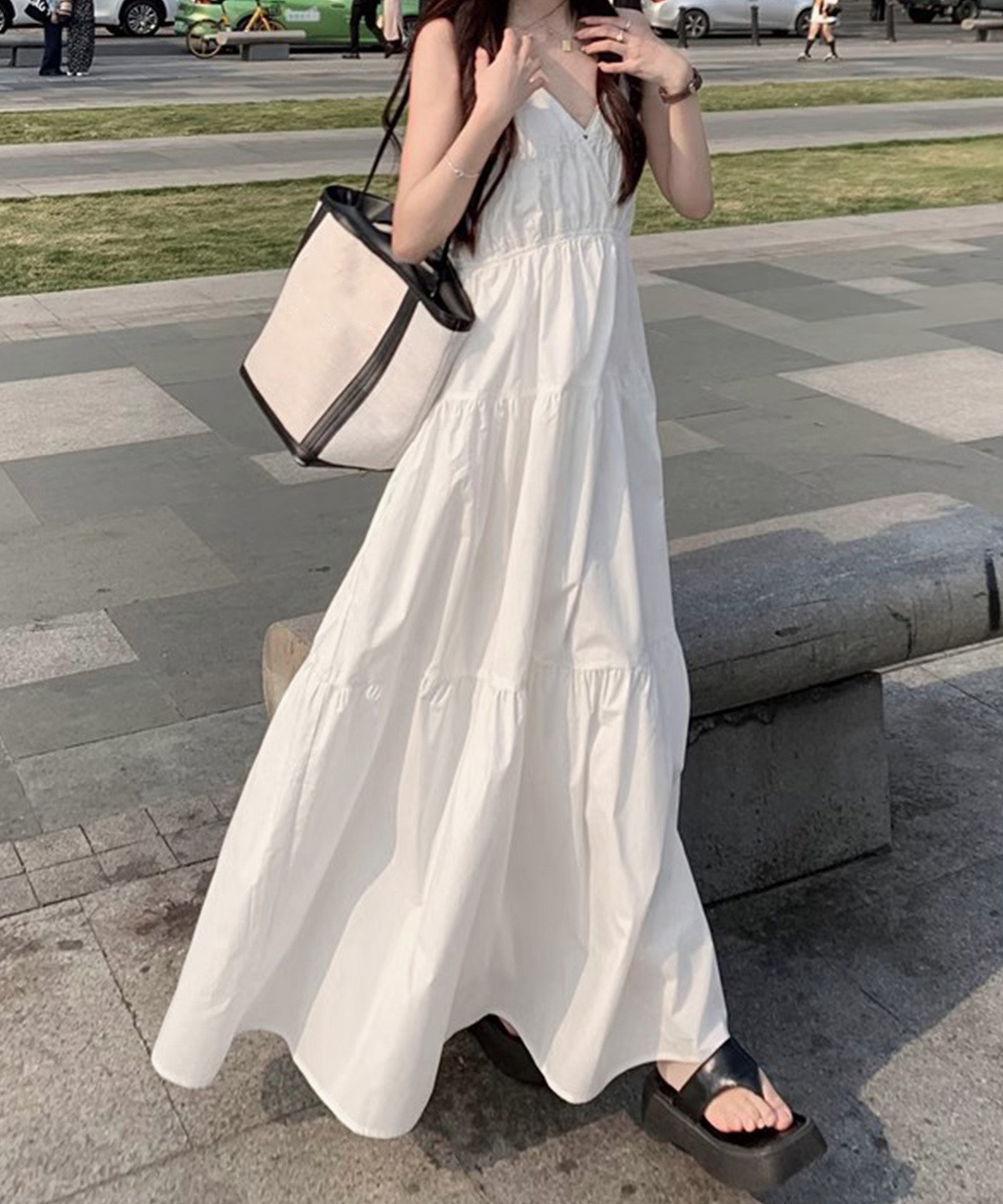 リネン素材キャミワンピース ブイネック段々長袖ワンピース