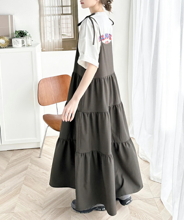 夏新作ニットキャミワンピース長袖ロング丈大人女子