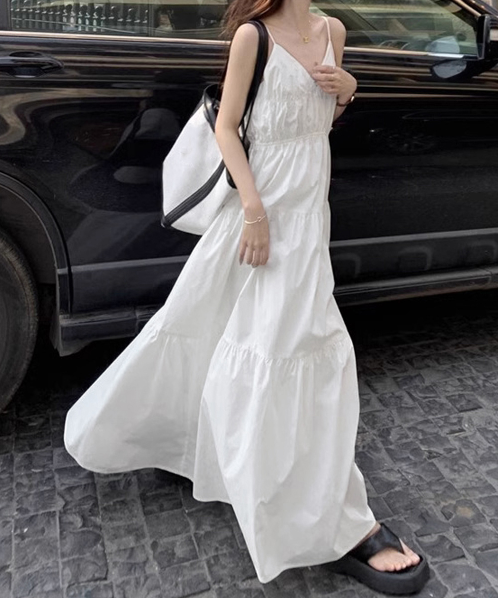 リネン素材キャミワンピース ブイネック段々長袖ワンピース