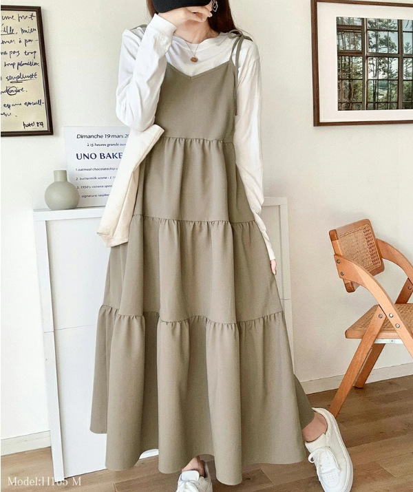 夏新作ニットキャミワンピース長袖ロング丈大人女子